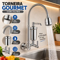 Torneira Gourmet Filtro de Parede Cozinha Flexível 2 Jato Duplo Cromada Luxo 1/4