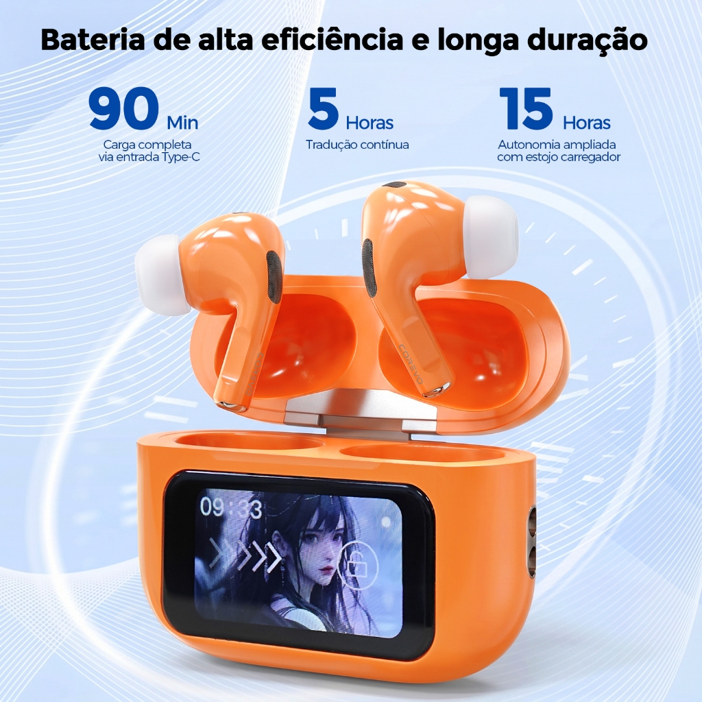 Aparelho Auditivo Sem Fio Com Tela De Toque ANC Bluetooth 5.3 TWS Cancelamento De Ruído Fone A9 Pro Microfone HiFi Estér