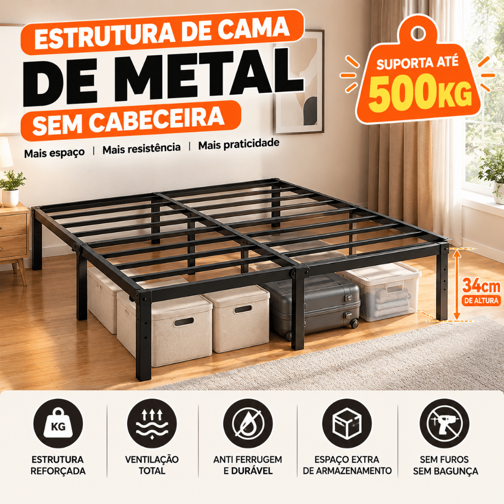 Estrutura De Cama MetáLica Para Casal/Solteiro – Com Suporte De Barras De AçO DobráVel E FáCil De Montar