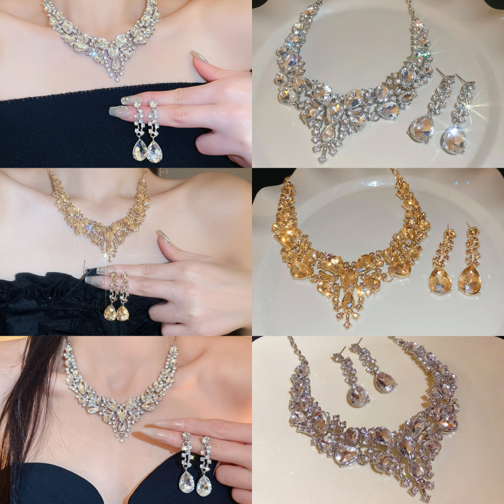 Conjunto De Colar E Brincos Cravejados De Diamantes Ultra-Brilhantes-Uma Corrente De Gola Elegante Com Pingente Requinta