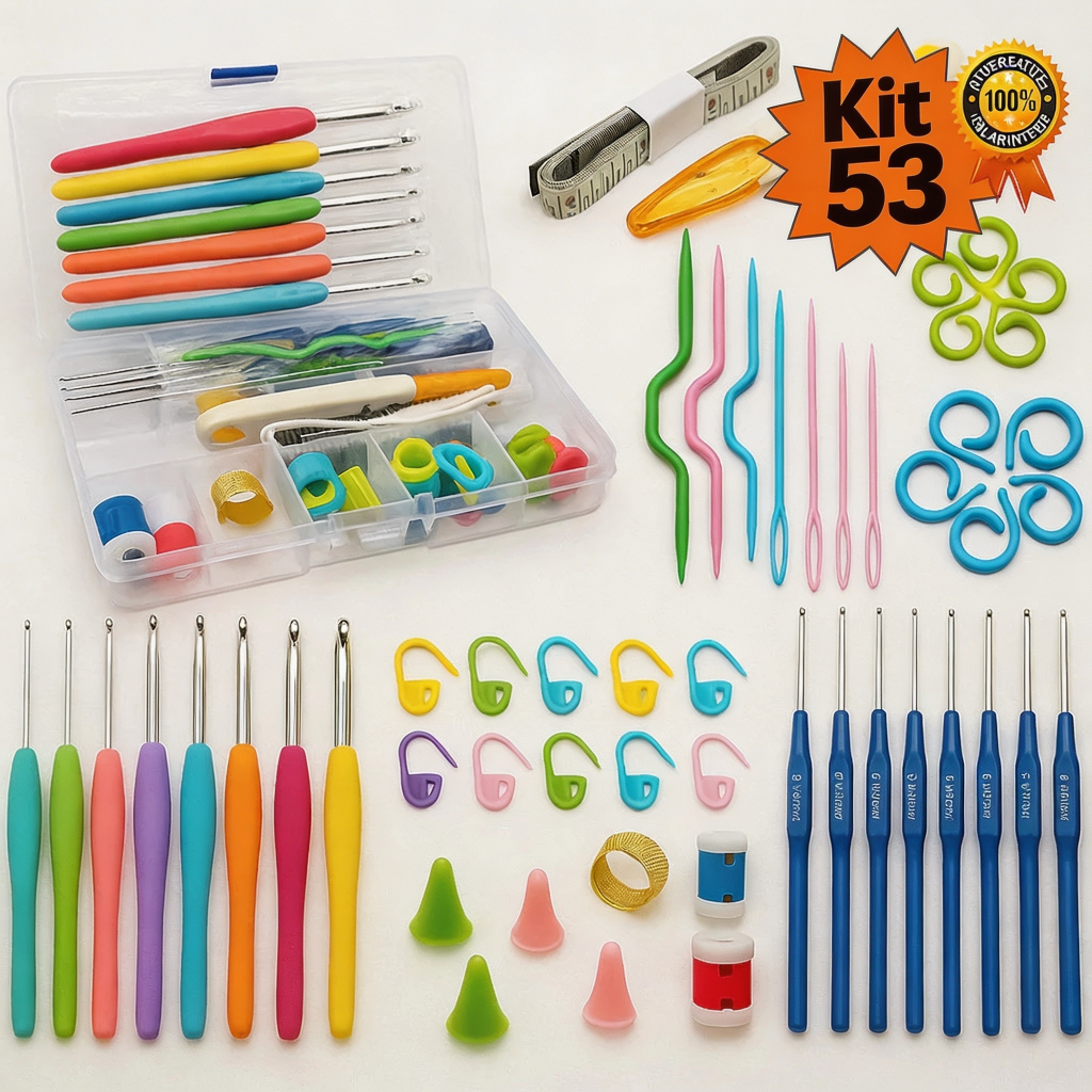 Kit Crochê Completo 53 Peças Para Fazer Amigurumi Agulhas Cabo Soft Tesoura Acessórios Lar das Fitas