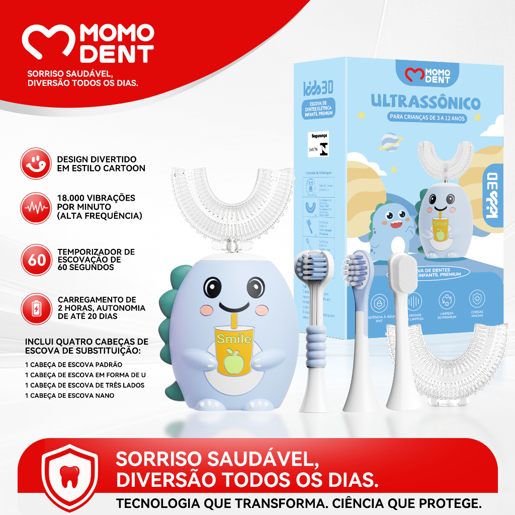 Escova de Dente Elétrica Infantil Momodent Recarregável por USB, 3 Cores, Limpeza Profunda