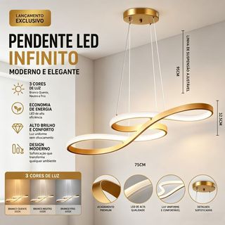 Lustre Pendente LED Design Infinito 3 Cores em 1 Luz Bivolt 110V‑220V para Sala de Jantar Sala de Estar e Quarto