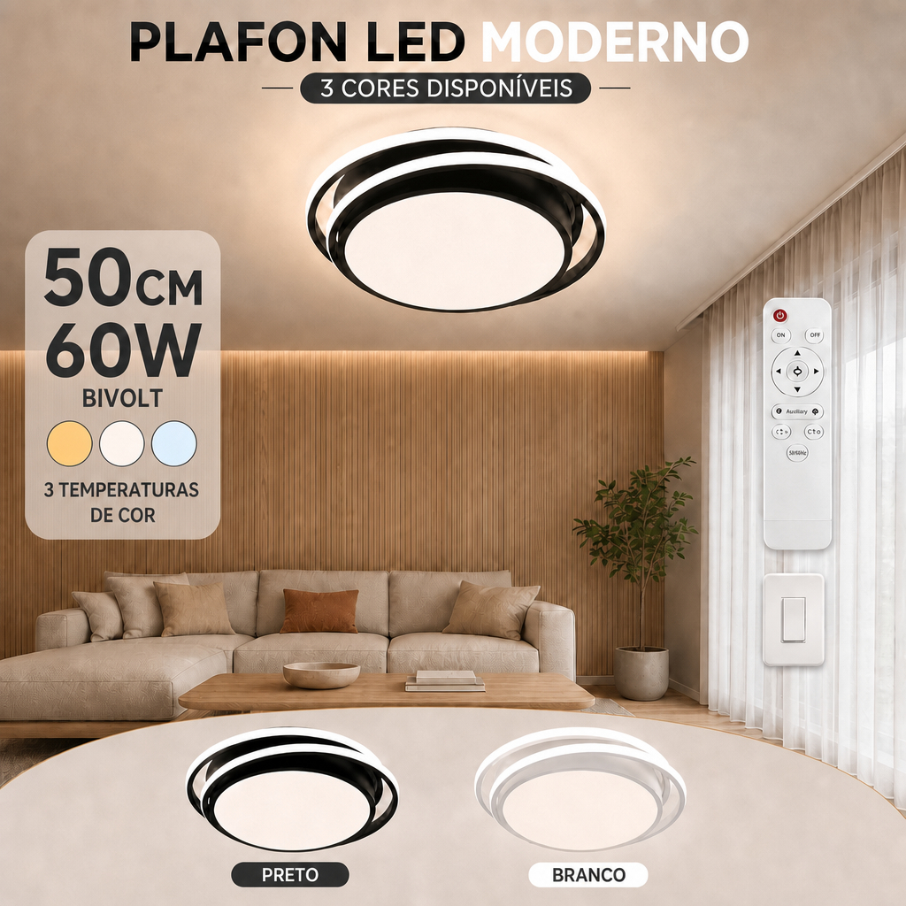 Luminária De Teto LED Moderna Lâmpada Redonda Embutida De 50 Cm Com Controle Remoto 3 Em 1 Plafon Sobrepor  Lustre