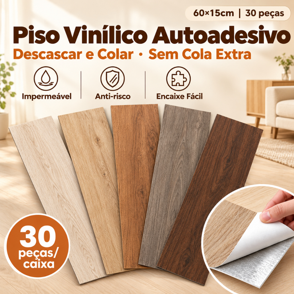 Piso Vinílico Autoadesivo Efeito Madeira Natural 60x15cm 30 Peças Régua Laminado Sem Cola Extra