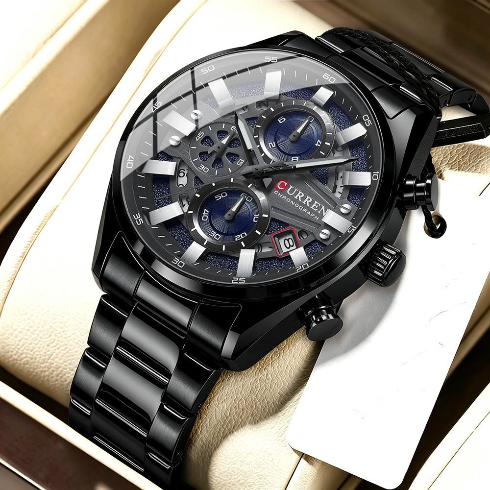 Novo Relógio Masculino CURREN Marca Genuína Preto Clássico Pulseira De Aço Inoxidável Multifuncional Cronógrafo Mãos Lum