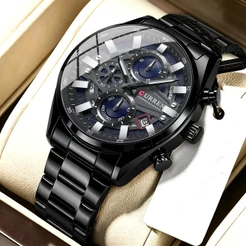 Novo Relógio Masculino CURREN Marca Genuína Preto Clássico Pulseira De Aço Inoxidável Multifuncional Cronógrafo Mãos Lum