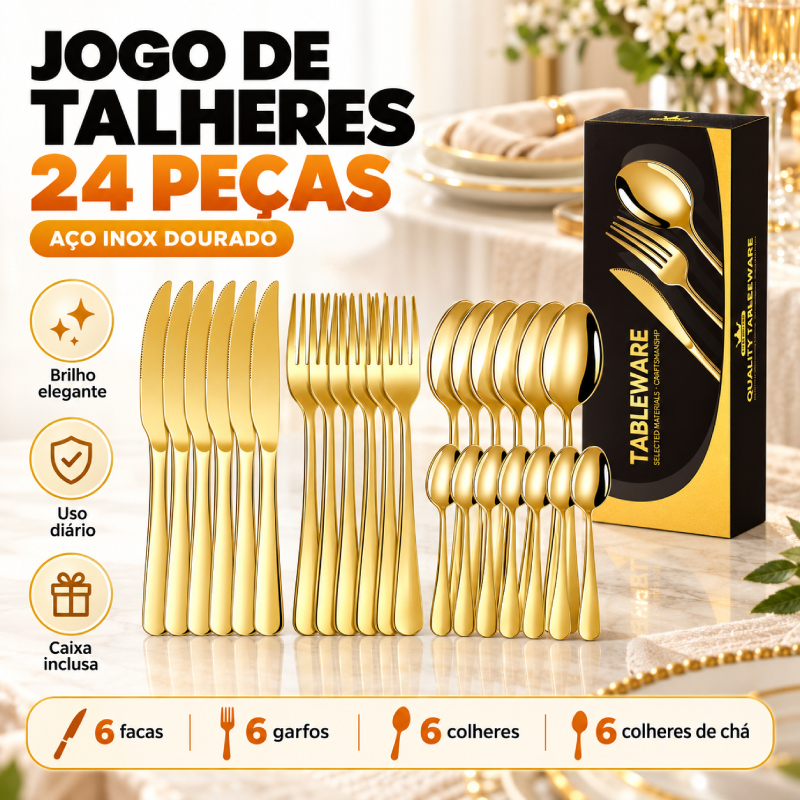 Jogo de Talheres Dourados 24 Peças Aço Inox Premium Facas Garfos Colheres Mesa Elegante