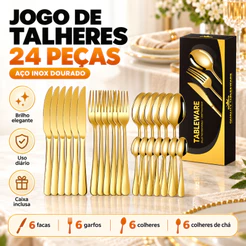 Jogo de Talheres Dourados 24 Peças Aço Inox Premium Facas Garfos Colheres Mesa Elegante