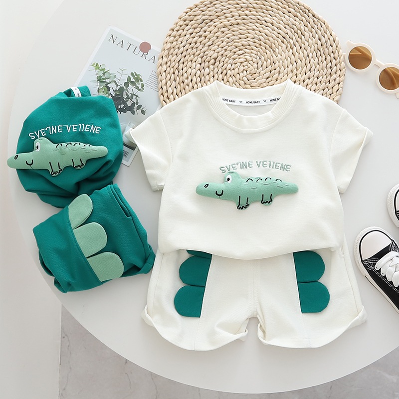 Novo Terno Infantil Menino Verão Estereoscópico Dinossauro Camisa Camiseta Shorts Casuais Conjunto De Duas Peças