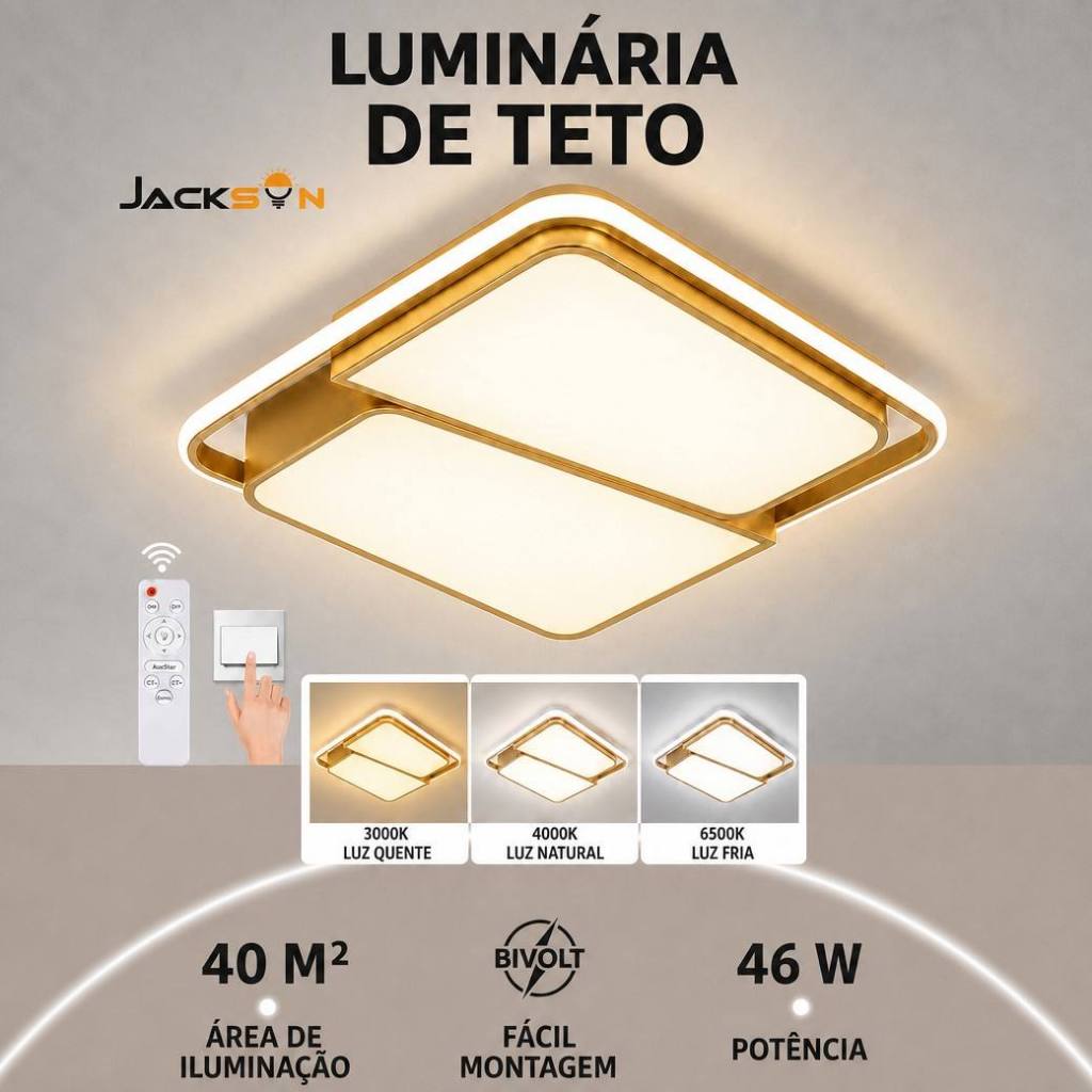 Luminária de teto LED quadrada 46W com controle remoto, luz regulável 3000K-6500K, bivolt para sala e quarto