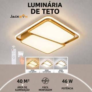 Luminária de teto LED quadrada 46W com controle remoto, luz regulável 3000K-6500K, bivolt para sala e quarto