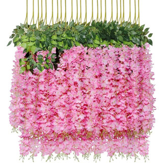 Kit 12 Ramos Flor Cerejeira Artificial Grande Pendente Corrente Galhos Decoração Cores Rosa e Branco