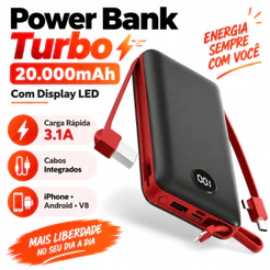 Power Bank Carregador Portátil 20.000mAh Digital compatível com iPhone e Samsung