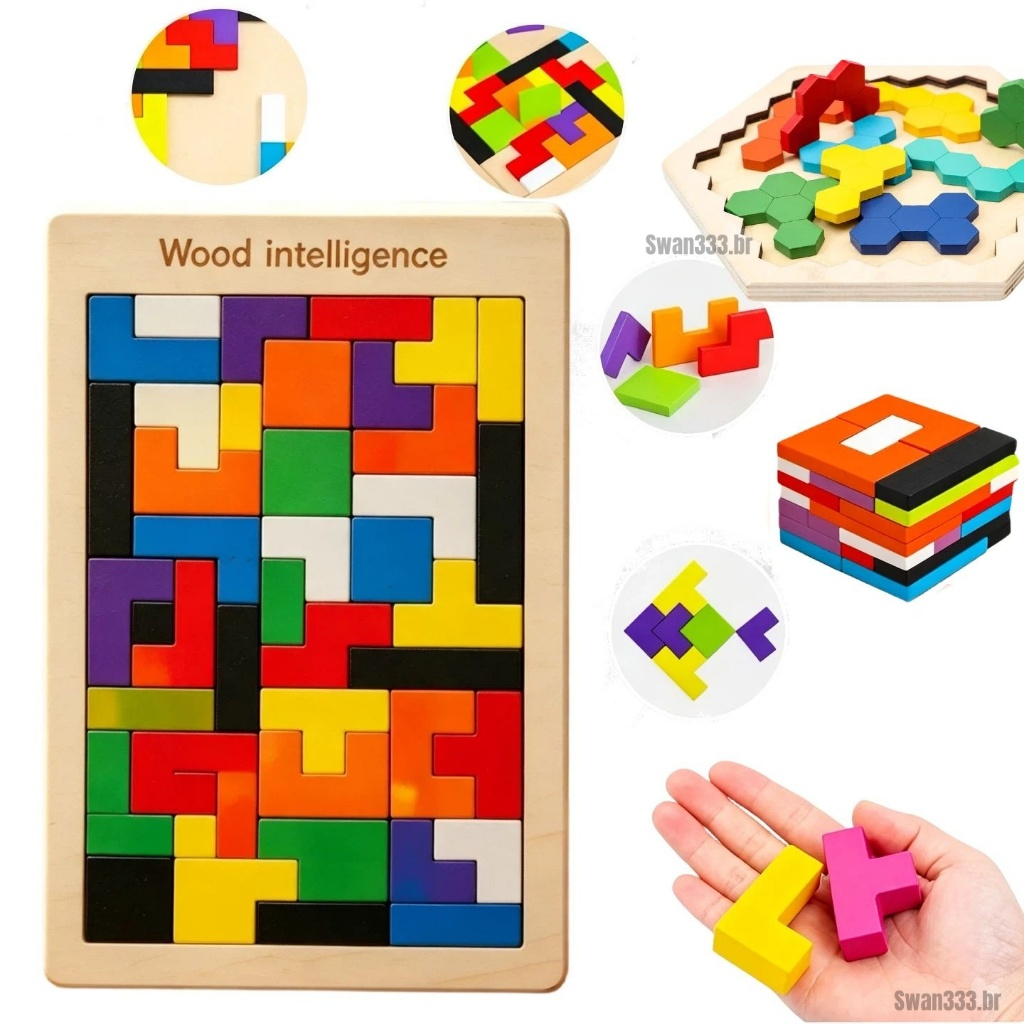 Brinquedo Montessori Tabuleiro Tetris Quebra cabeça 3D Tangram de madeira Mdf jogos educativos pedagógicos