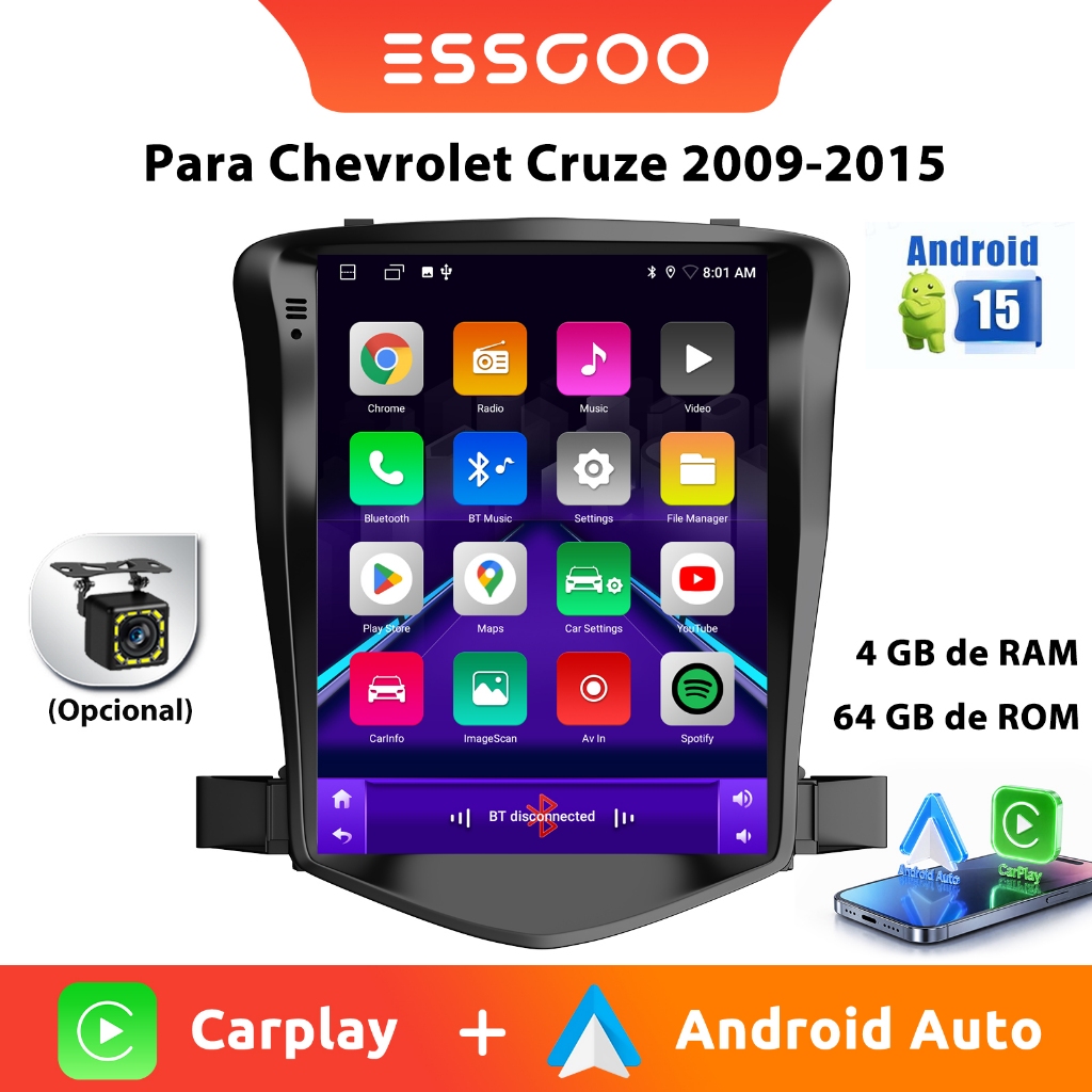 ESSGOO 9.7 Polegada MP5 Player Android 15 4 + 64GB Para Chevrolet Cruze 2009-2015 Com CarPlay Sem Fio Auto