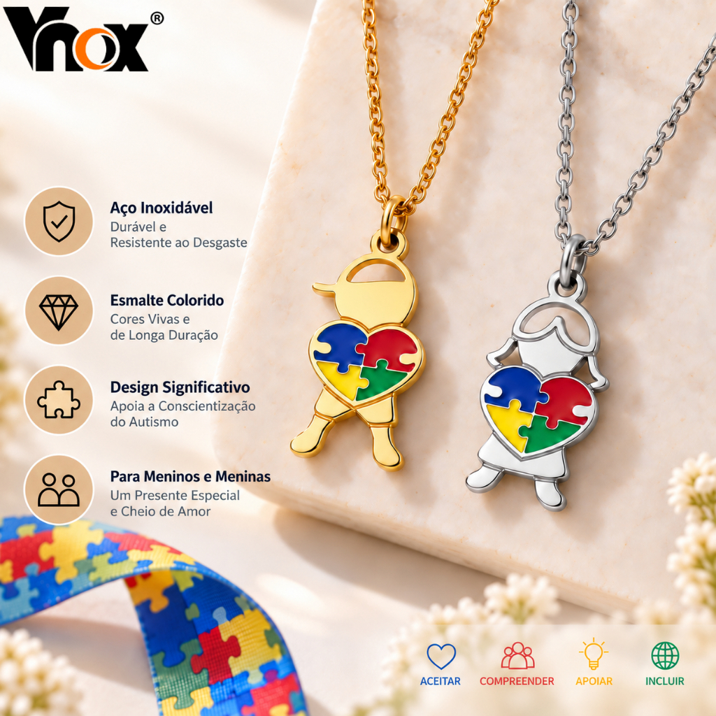 Vnox Colar Autismo TEA Coração Quebra-Cabeça Colorido em Aço Inoxidável Pingente Menino Menina Dourado Prateado