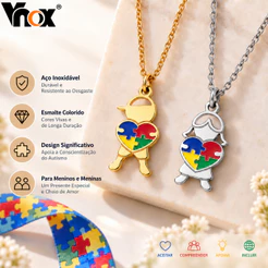 Vnox Colar Autismo TEA Coração Quebra-Cabeça Colorido em Aço Inoxidável Pingente Menino Menina Dourado Prateado