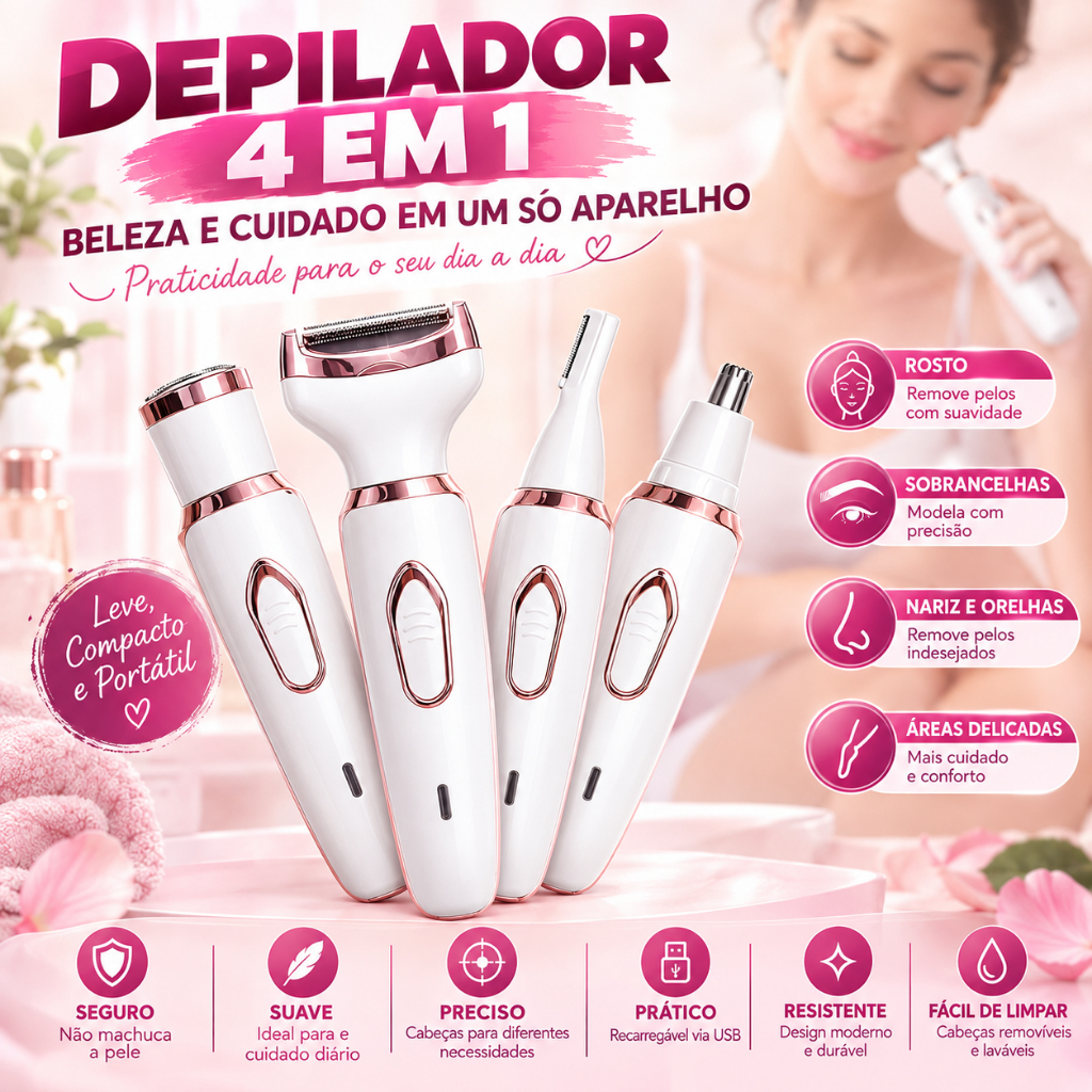 Depilador elétrico feminino 4 em 1, barbeador para remoção de pelos, corpo, pelos do nariz, pelos das axilas, barba reca