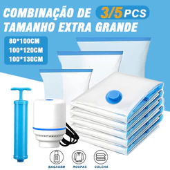 Kit Saco a Vácuo + Bomba Automática Elétrica 3/5PCS KIT Tamanho grande Organizador Rápido Armazenar Guardar