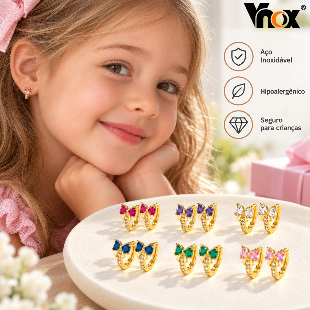 Vnox Brincos Bebê Menina Laço Zircônia Colorida, Argolinha Aço Inoxidável Hipoalergênico, Presente Dia das Crianças