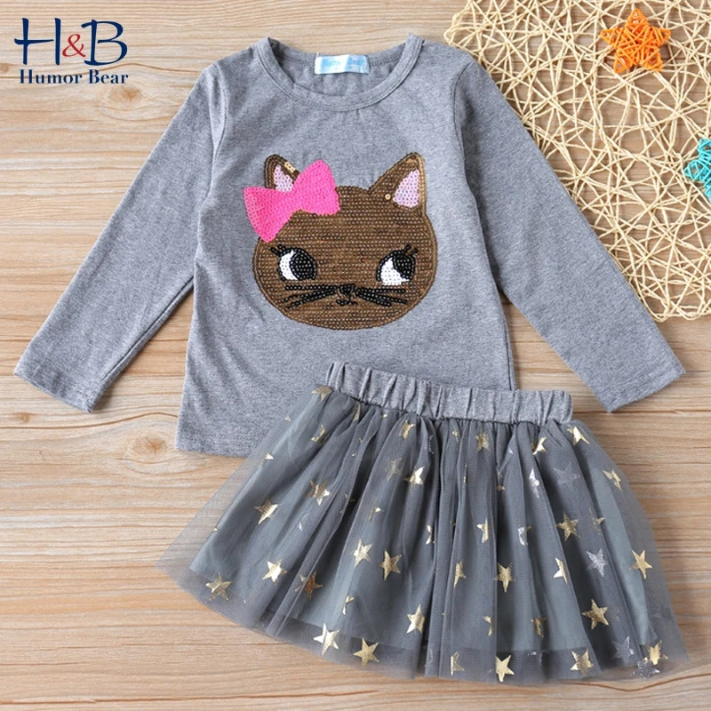 Terno feminino com lantejoulas gato camiseta de manga comprida + estrela de cinco pontas on-line saia fofa conjunto de 2
