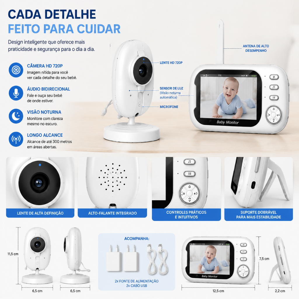 Monitor De Bebê Com Tela LCD , Câmera Não WiFi , Visão Noturna , Áudio Bidirecional E Longo Alcance