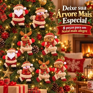 Kit 8 Bonecos de Pelúcia Pingentes Arvore de Natal Enfeites Decorativos Premium Item Luxo