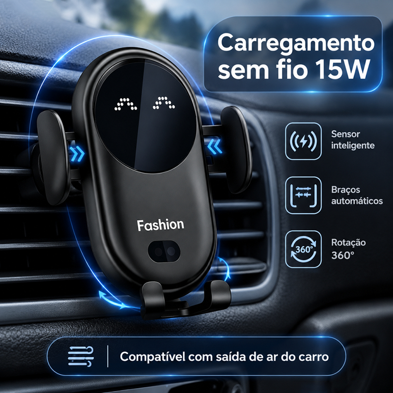 Suporte Carregador Sem Fio para Carro 15W Indução Automática Giratório 360° Para Saída de Ar Compatível com Celulares