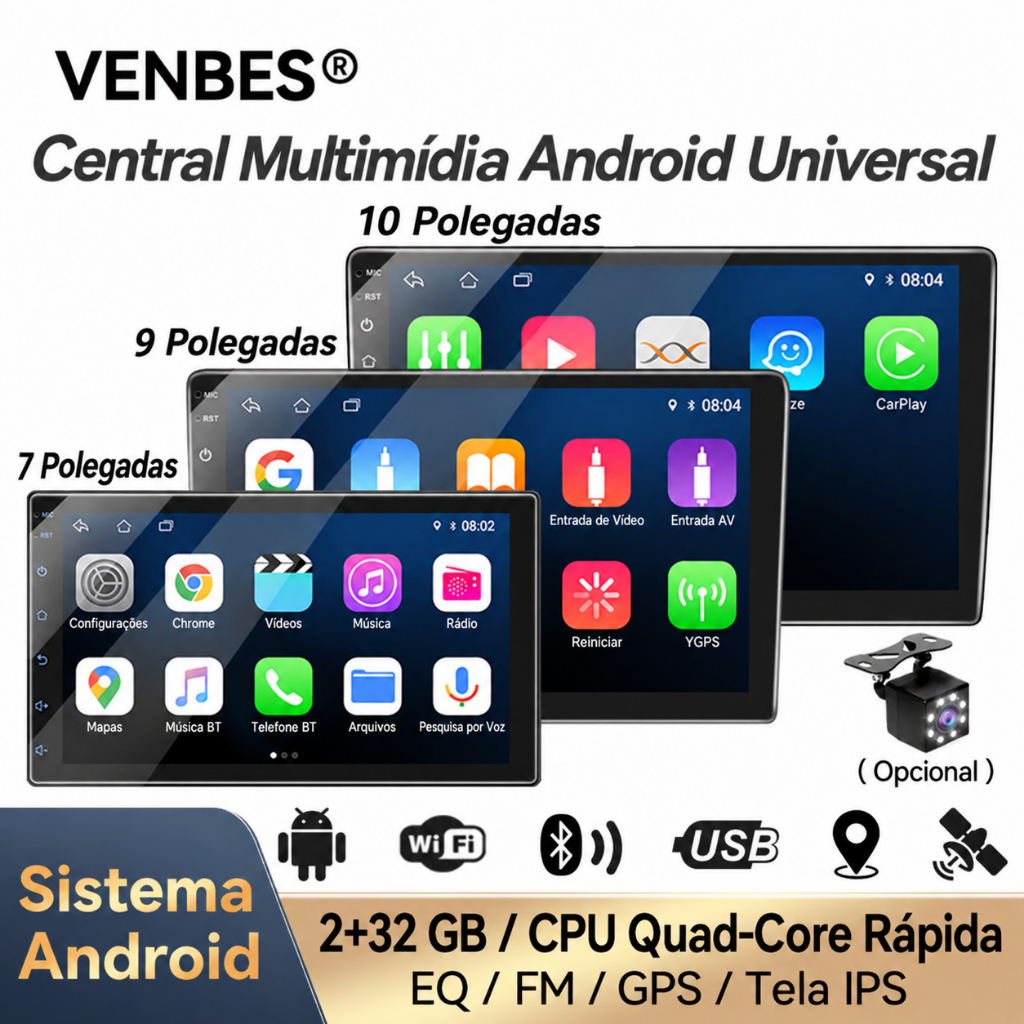 VENBES Central Multimídia Android 2DIN Universal 7/9/10 Pol CarPlay Android Auto GPS Bluetooth Wifi USB