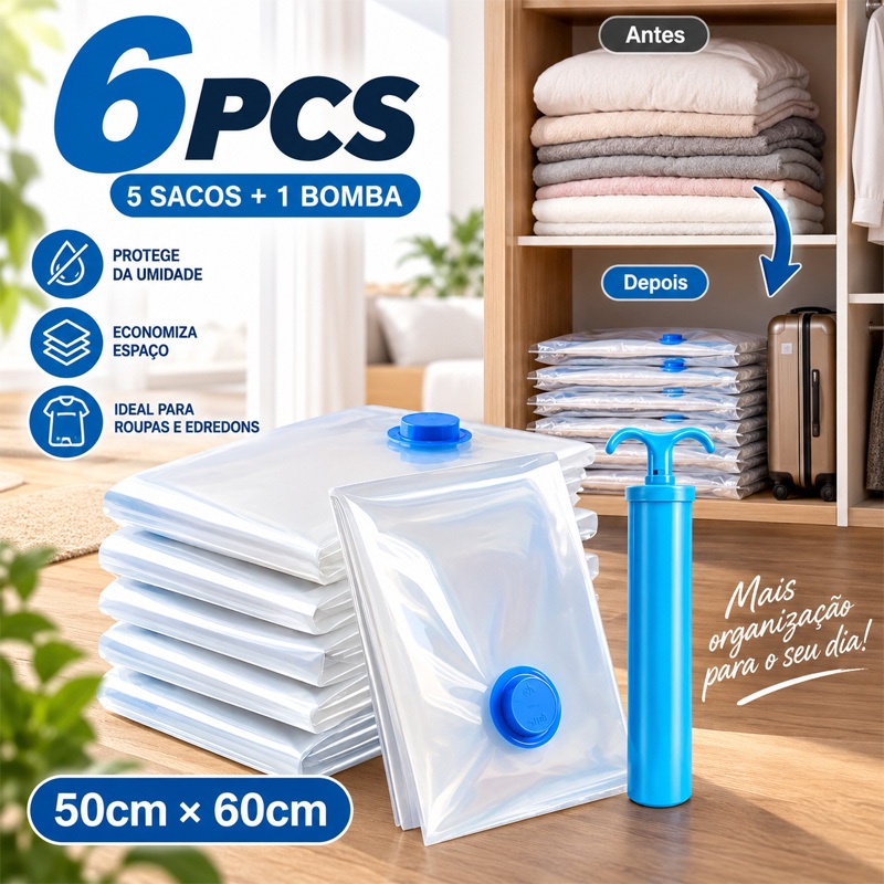 Kit Saco a Vácuo 50x60cm Organizador Hermético de Roupas Mala de Viagem Guarda Roupa + Bomba