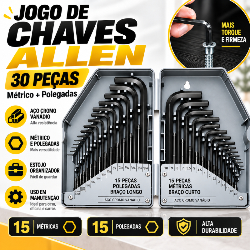Kit Chave Allen 30/35 Peças (Métrica + Polegada) com Estojo, Ferramenta Resistente para Oficina e Casa