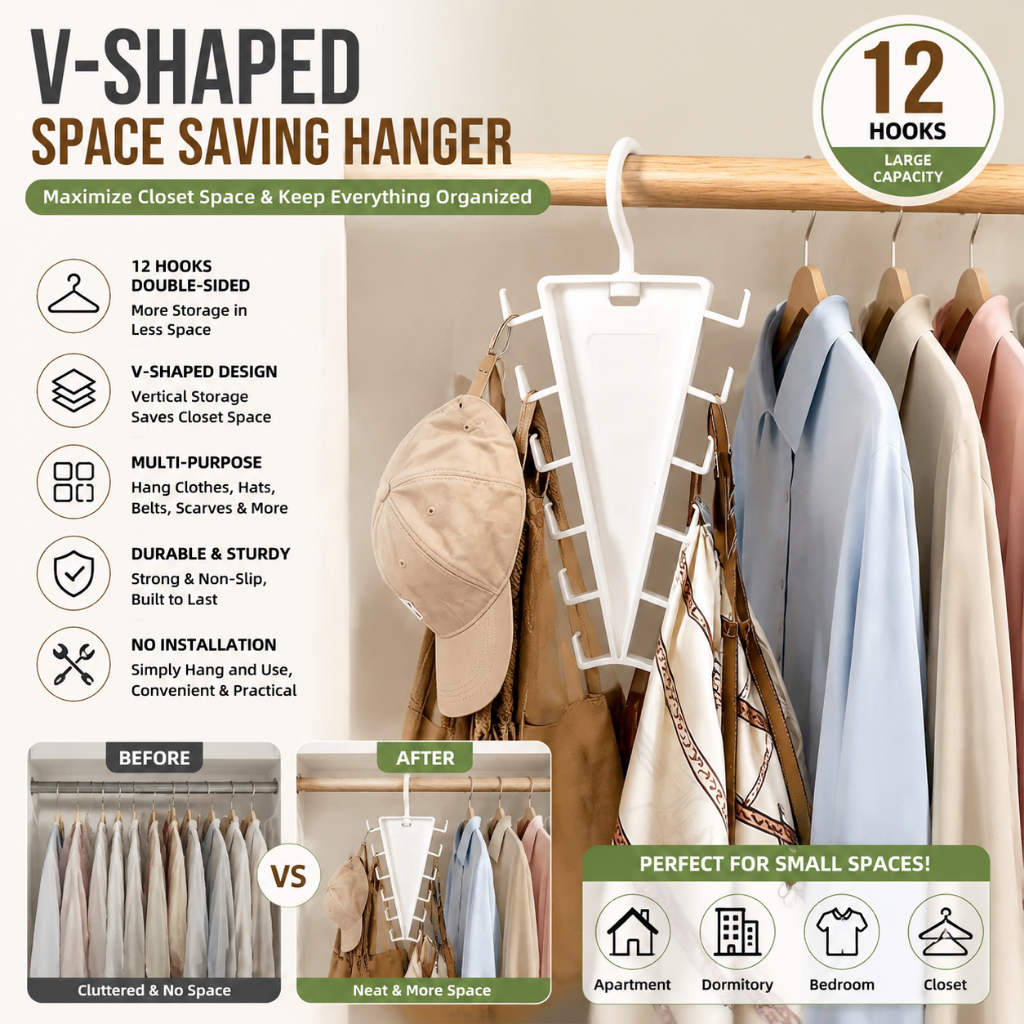 4 Pçs Cabide Organizador V Shape 12 Ganchos, Economiza Espaço Armário, Suporte Boné Cinto Gravata, Multiuso
