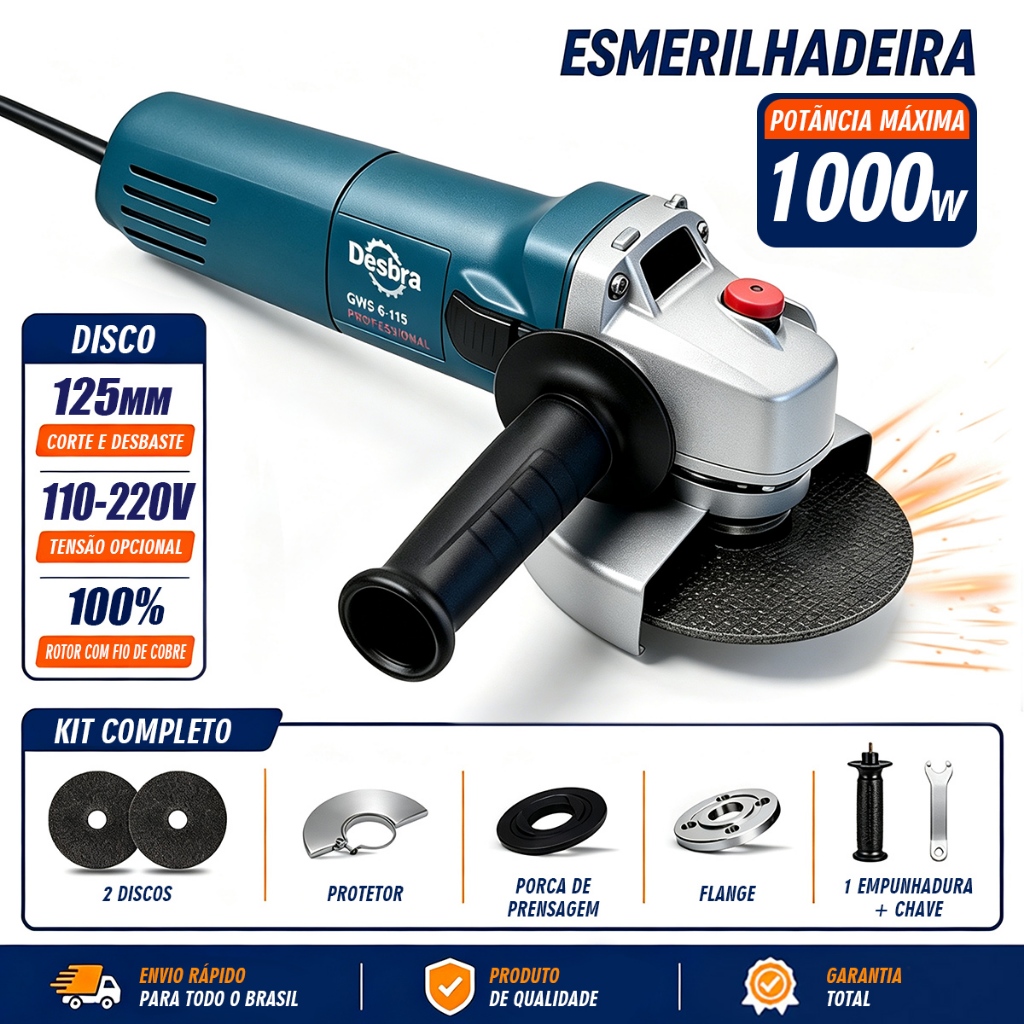 Kit Esmerilhadeira Lixadeira Angular Profissional 110V/220V Bivolt 1000W 11000RPM Núcleo 100% cobre Resistente
