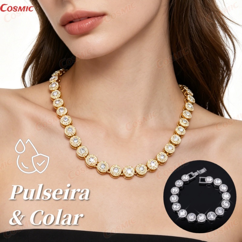 Conjunto Corrente Cubana Redonda e Pulseira Unissex Cravejada com Diamantes Prateado Hip Hop-CO