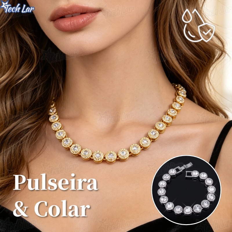 Conjunto Corrente Cubana Redonda e Pulseira Unissex Cravejada com Diamantes Prateado Hip Hop-TL