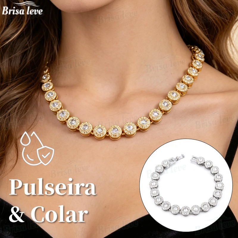 Conjunto Corrente Cubana Redonda e Pulseira Unissex Cravejada com Diamantes Prateado Hip Hop-BL