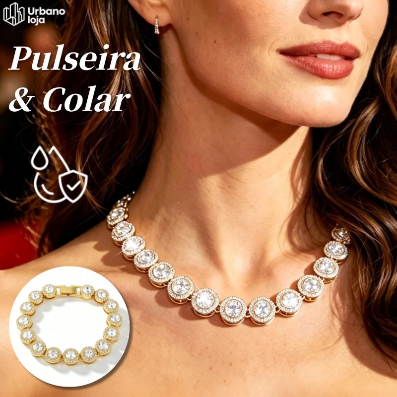 Conjunto Corrente Cubana Redonda e Pulseira Unissex Cravejada com Diamantes Prateado Hip Hop-UR