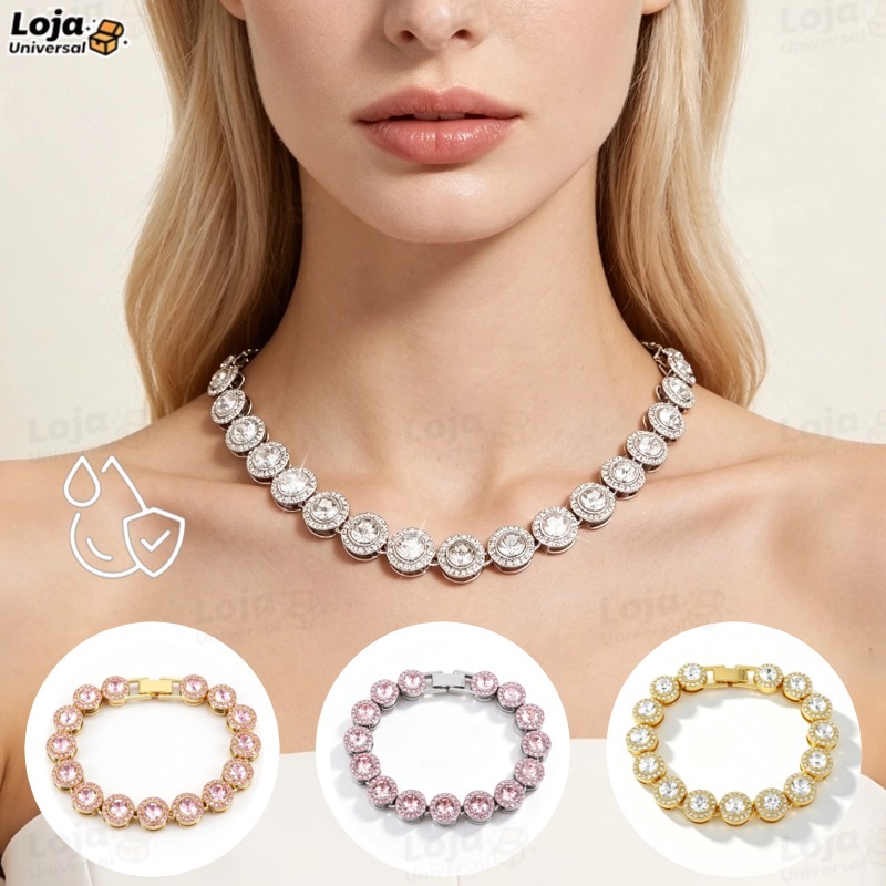 Conjunto Corrente Cubana Redonda e Pulseira Unissex Cravejada com Diamantes Prateado Hip Hop-LU