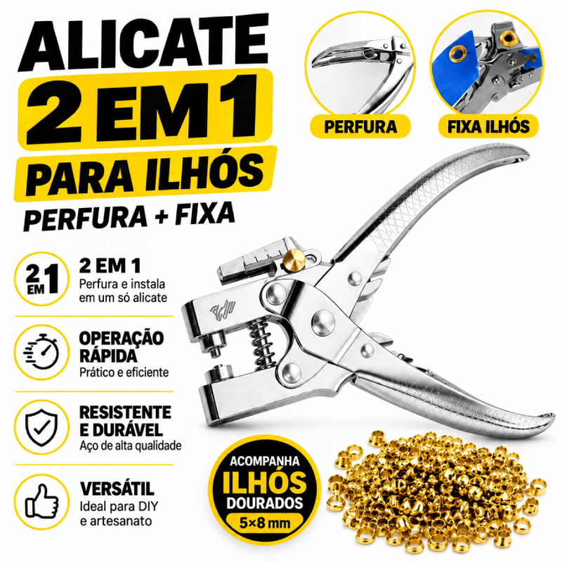 Alicate Aplicador de Ilhós 2 em 1 Profissional Furador e Aplicador com 100 Peças ilhoses