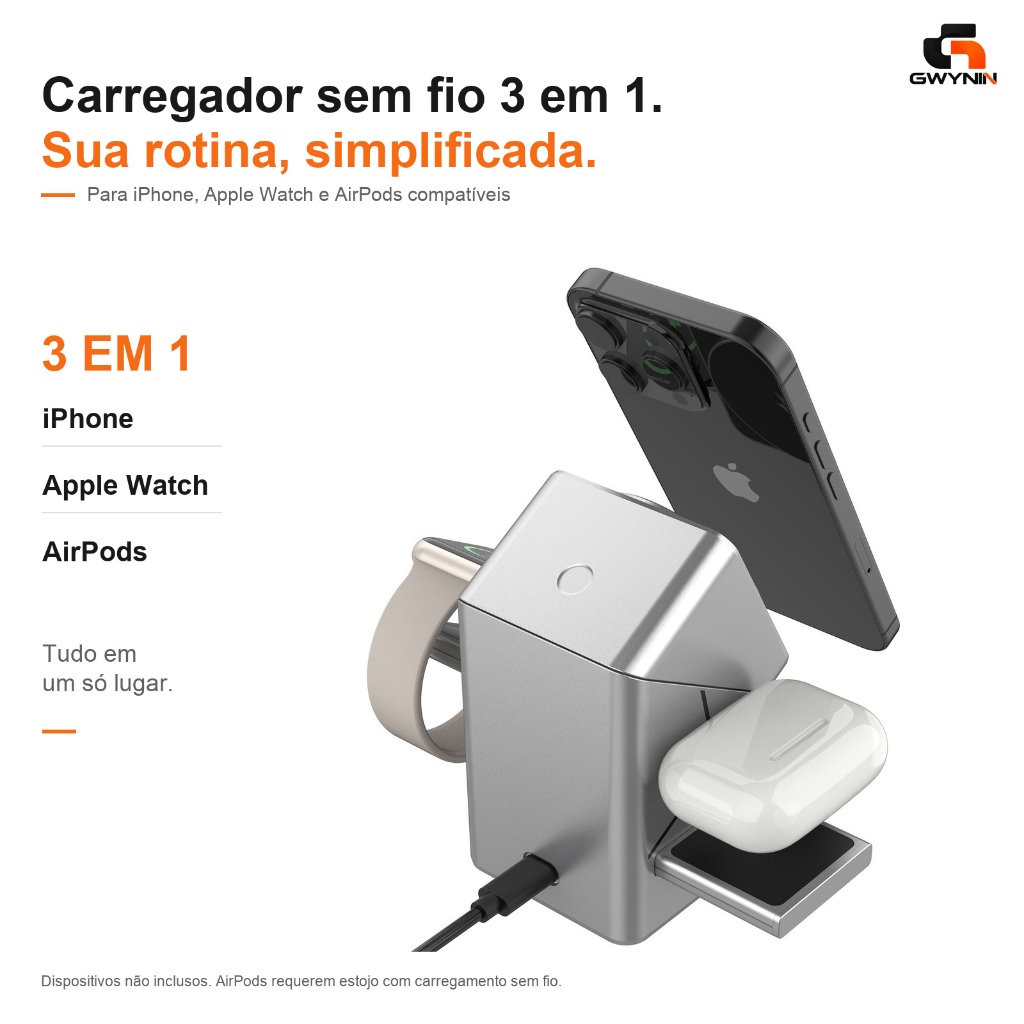 Carregador sem fio magnético 3 em 1 de 15W, base dobrável com rotação 180°, compatível com iPhone, Apple Watch e AirPods