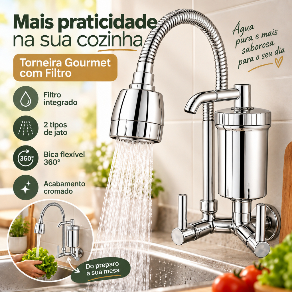 Torneira Gourmet Filtro de Parede Cozinha Flexível Jato Duplo Cromada Luxo 1/4 de volta