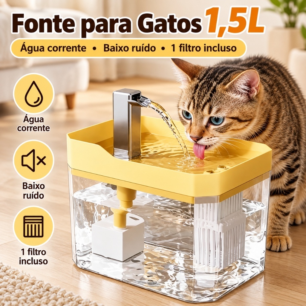 1.5L Fonte de Agua para Gatos Bebedouro Automático Regulável Plástico Bivolt Pet com purificador de água com filtro
