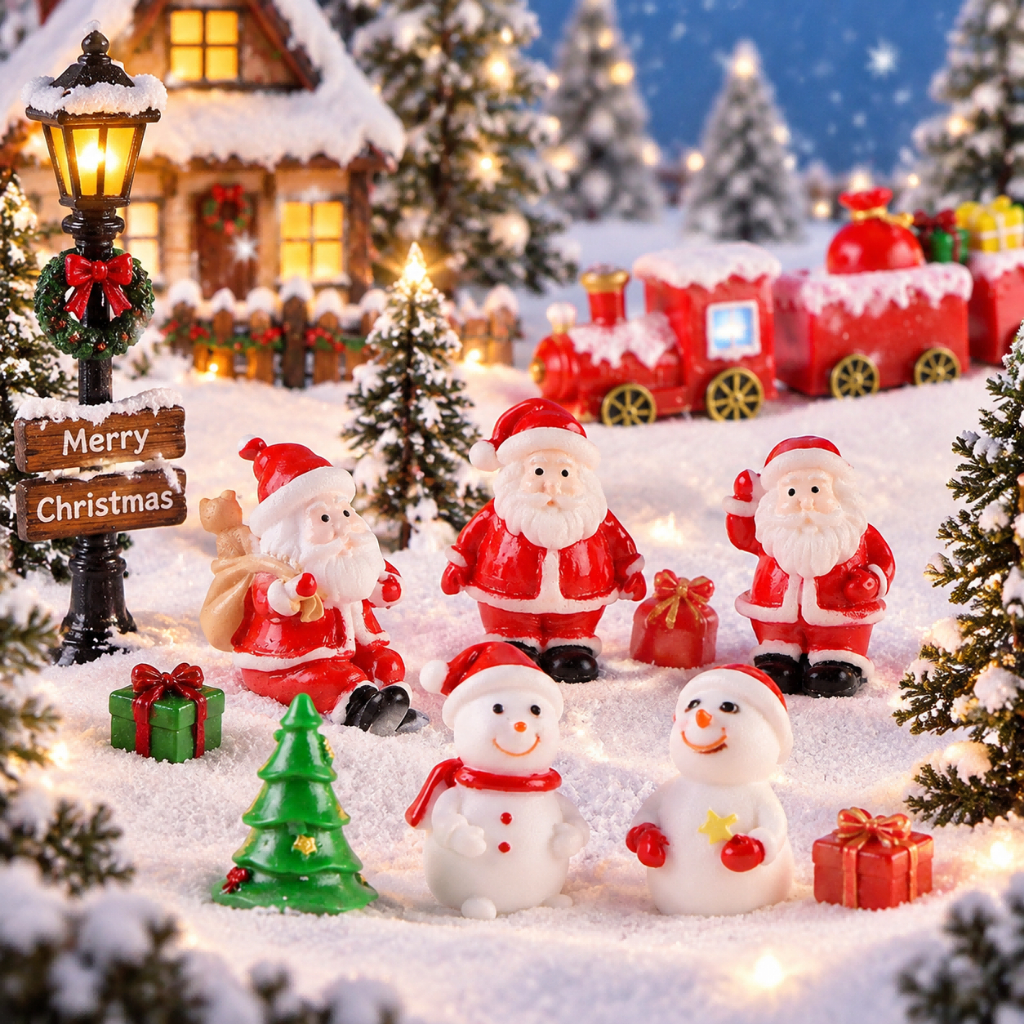 Novo Papai Noel Boneco De Neve Micro Paisagem Decoração Vista Trem Caixa Meias Natal Pequeno Presente Sino Resina Orname