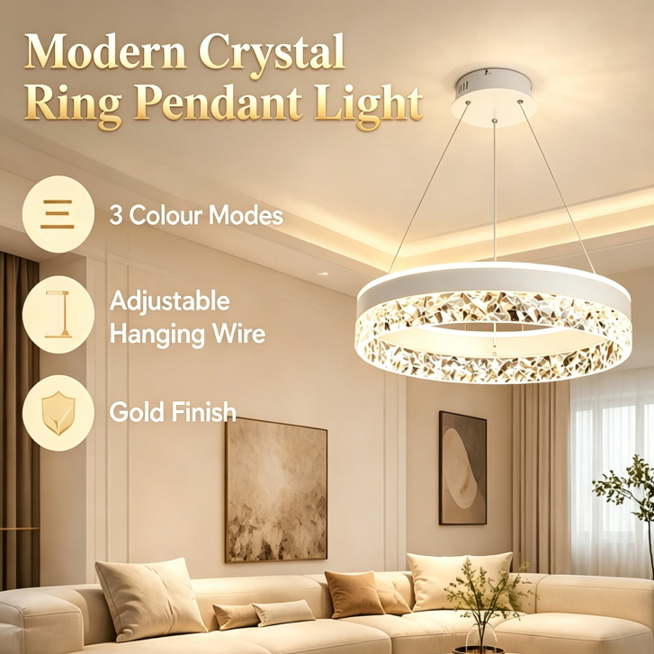 Lustre Pendente de Cristal Moderno 3 Modos de Cor Fio Ajustável Bivolt Iluminação Elegante para Sala e Quarto