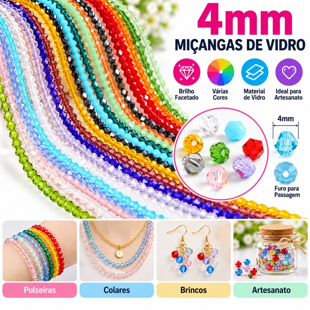 Contas de Vidro Cristal 4mm Brilhantes para Fazer Pulseiras Colares Bijuterias Acessórios DIY