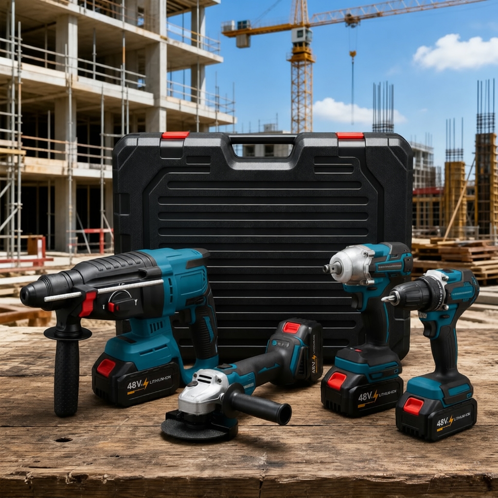 Kit 4 em 1 Ferramentas Elétricas Sem Escova, Furadeira Martelete Esmerilhadeira Chave Impacto, Com 2 ou 4 Baterias