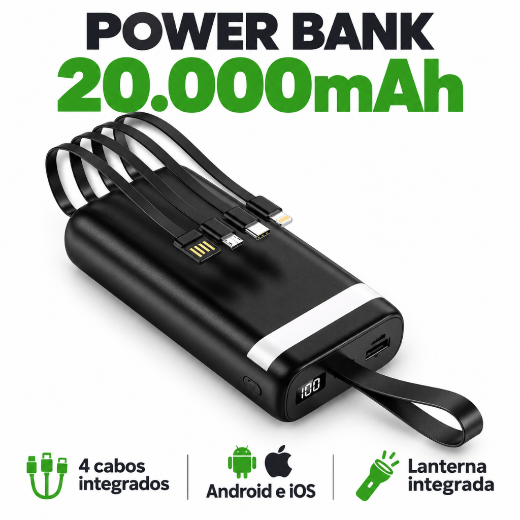 Power Bank Universal de 20.000mAh Carregador Portátil para Android e iOS, Inclui Lanterna Integrada