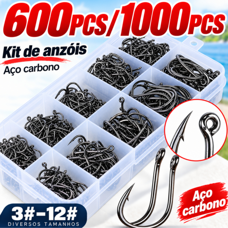 Acessórios Para Pesca De Anzol De Pesca Caixa Com 1000pçs Alto Carbono Anzóis Mistas Tamanho De Pesca De Misto De Aço