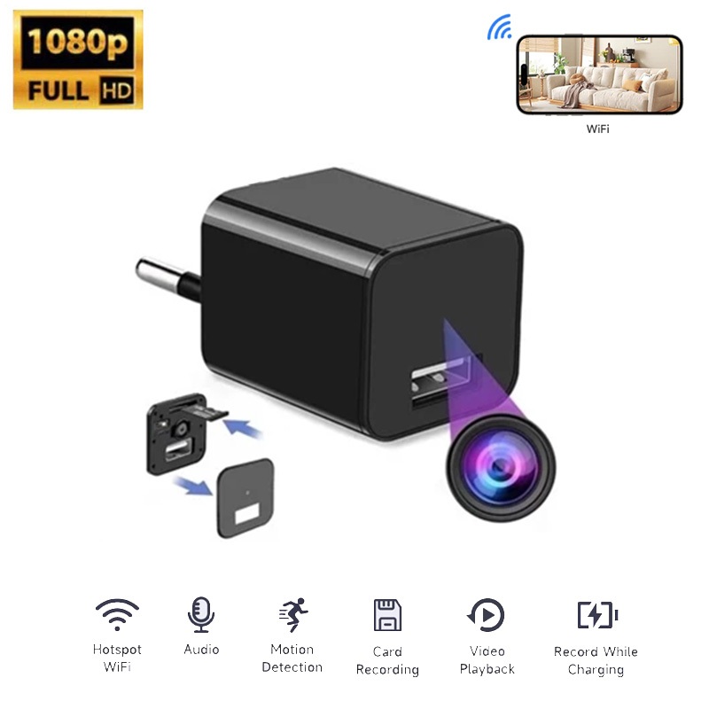 Câmera WiFi com plugue de parede 1080Ppara visualização remota com detecção de movimento e alimentação externa doméstico